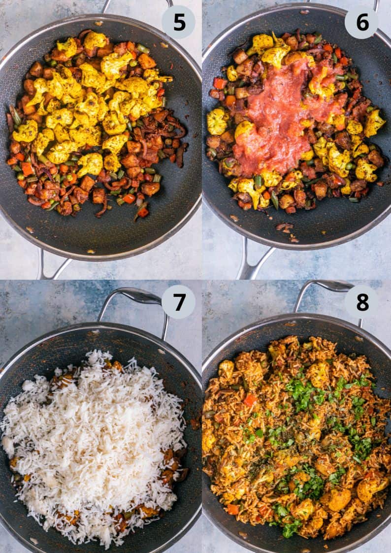 4 image collage showing how to make vegan tawa pulao at home.