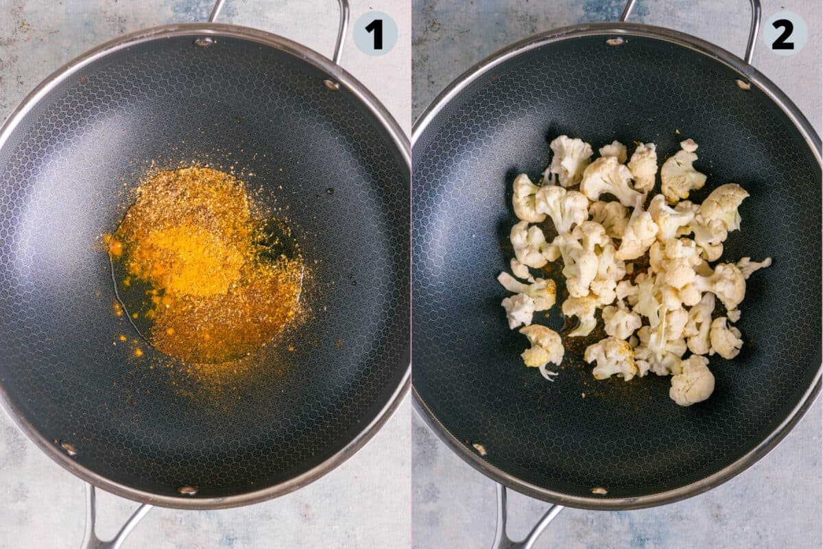 2 image collage showing how to prep the cauliflower to make tawa pulao.