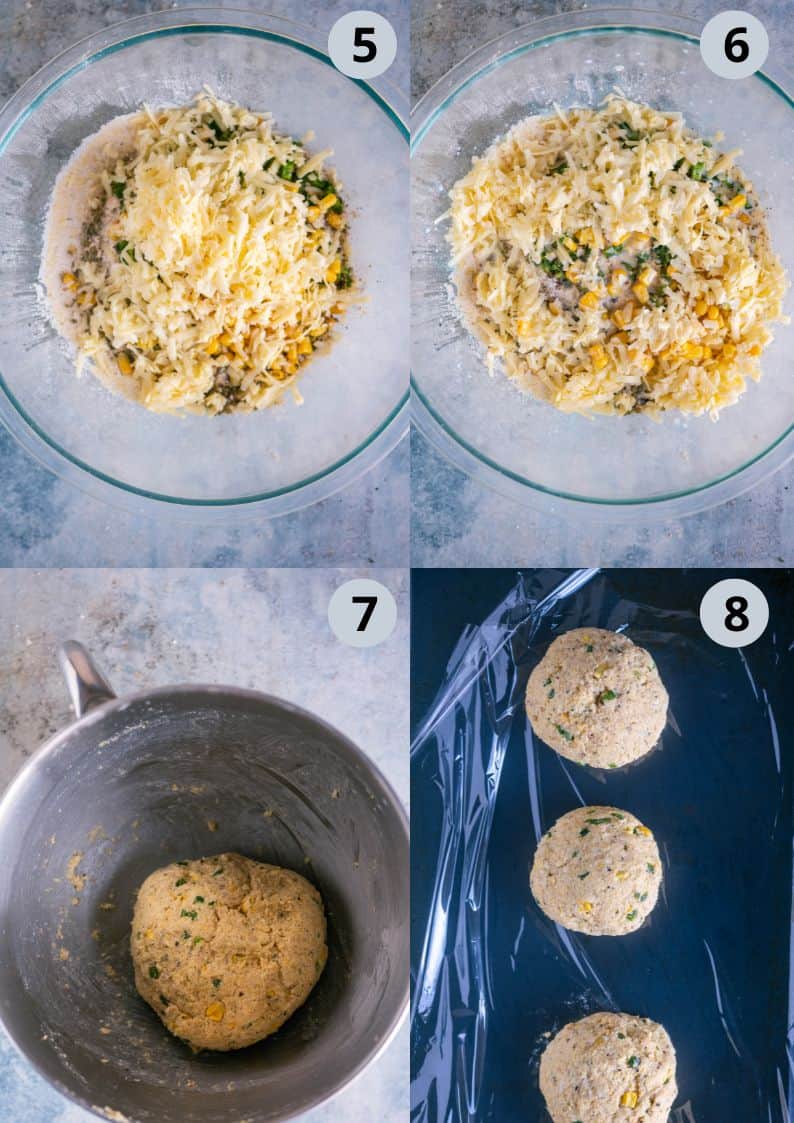 4 image collage showing how to make Eggless Jalapeno Cheddar Cornbread Biscotti.