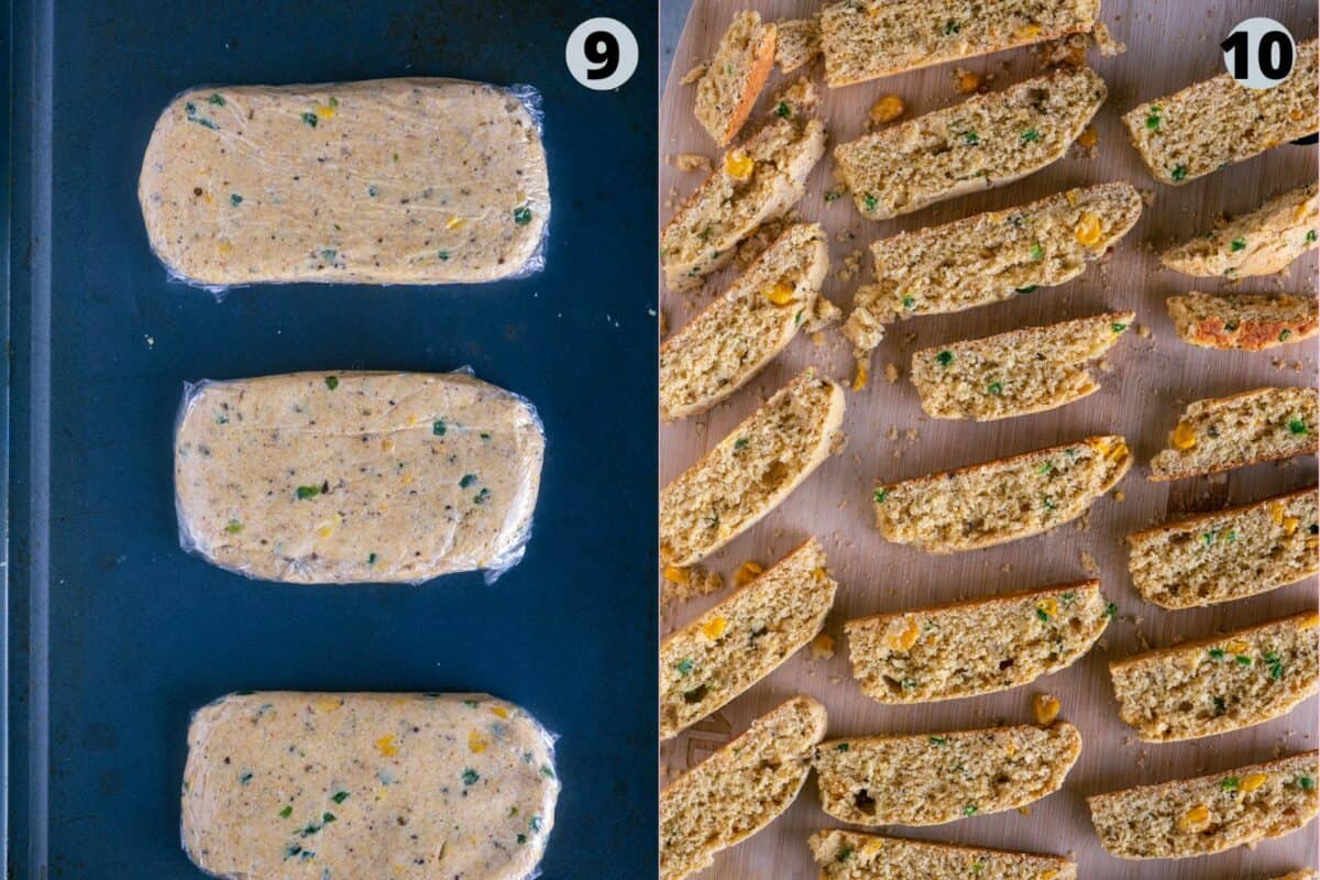 2 image collage showing the steps to bake Eggless Jalapeno Cheddar Cornbread Biscotti.