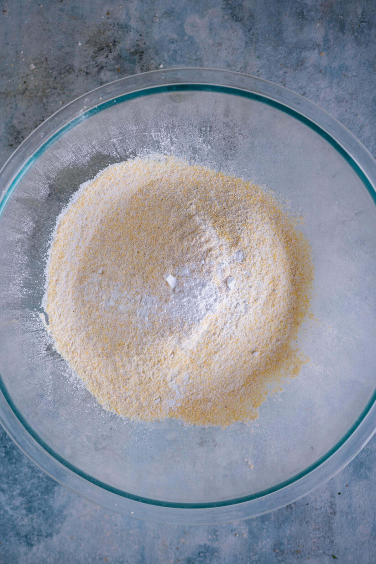 Cornbread mix, baking powder and salt in a large glass mixing bowl.