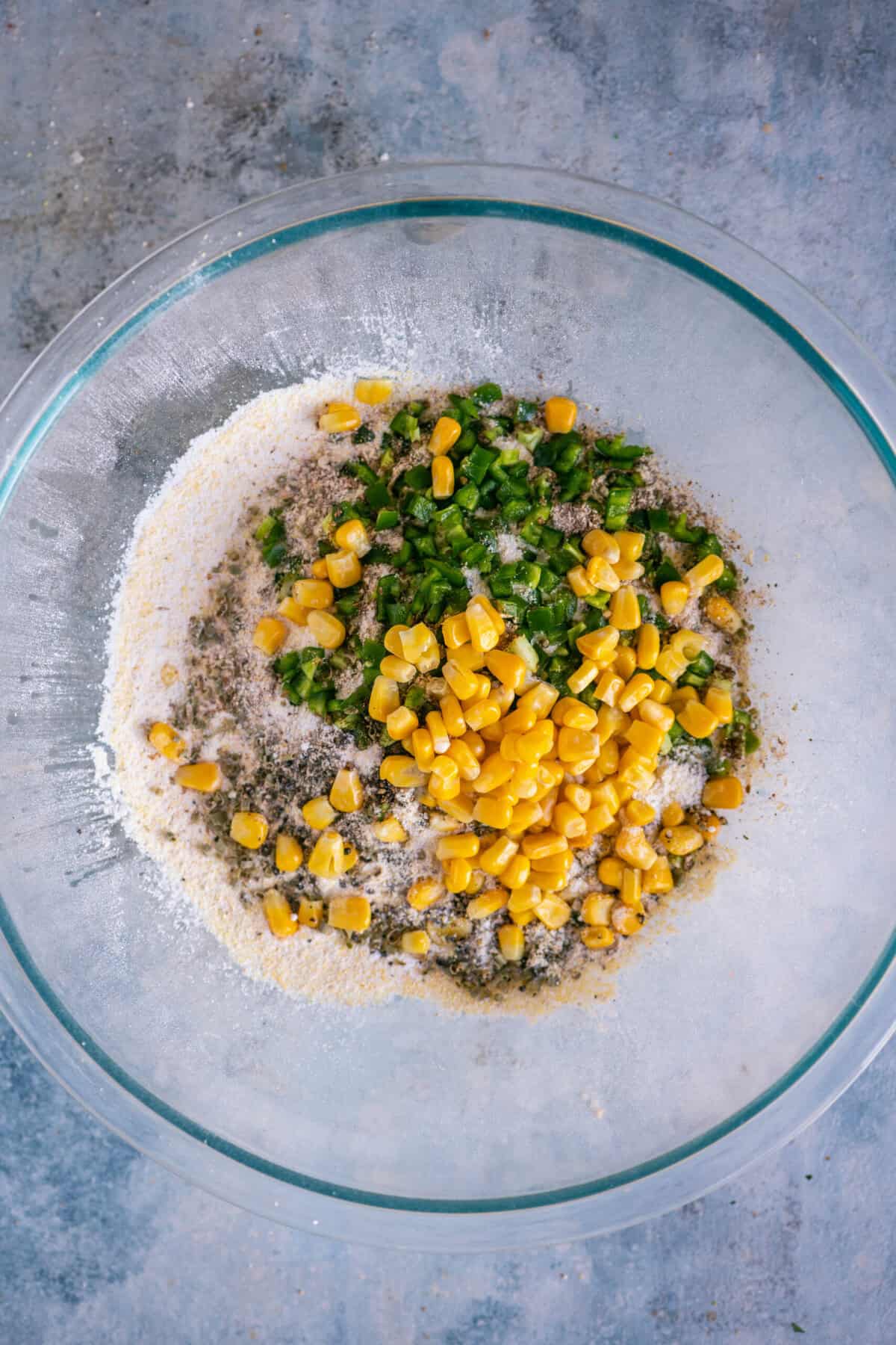 Thawed sweet corn kernels added to the savory biscotti mixture.