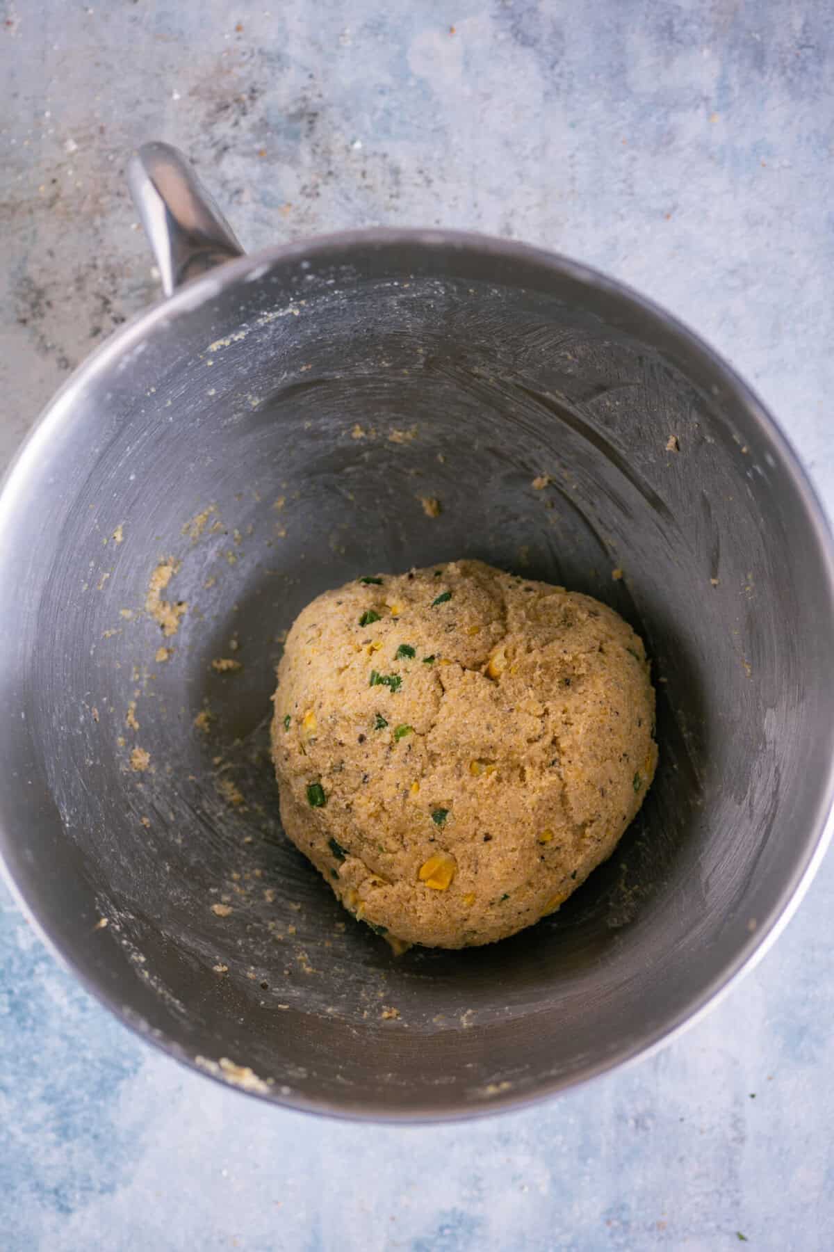 Soft, kneaded jalapeño cheddar cornbread biscotti dough.