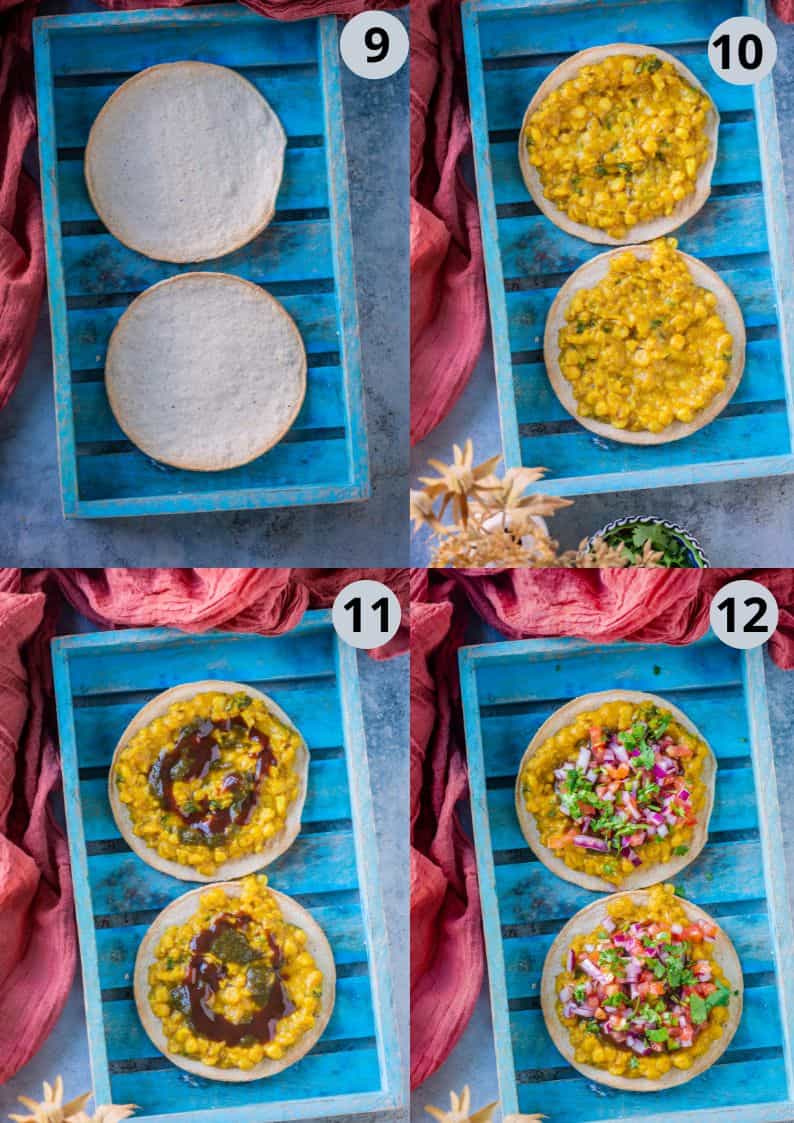 4 image collage showing how to assemble Dal Pakwan Tostadas.
