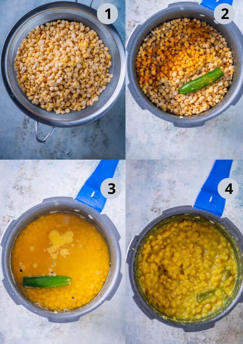 4 image collage showing how to cook the Dal for dal pakwan.