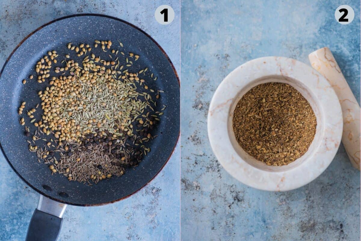 2 image collage showing how to make the kachori masala.