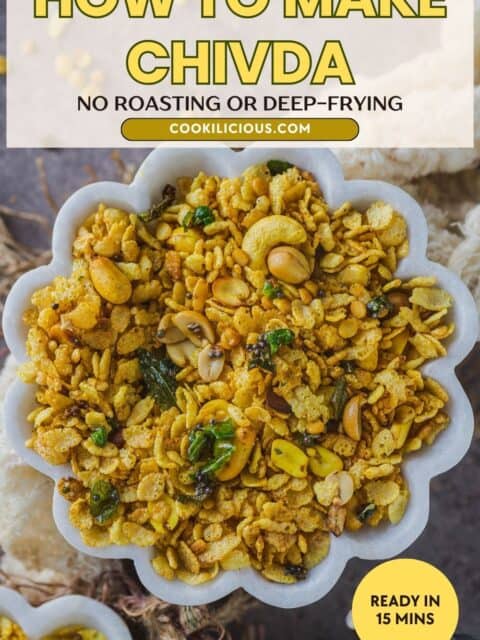 Pinterest pin showing how to make chivda with no roasting or deep-frying, with Rice Krispies chivda in a scalloped white marble bowl, ready in 15 minutes.