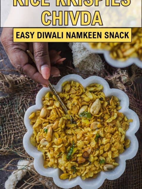 Pinterest pin for Rice Krispies chivda, an easy Diwali namkeen snack, with a hand scooping crunchy chivda from a white marble bowl with a brass spoon.