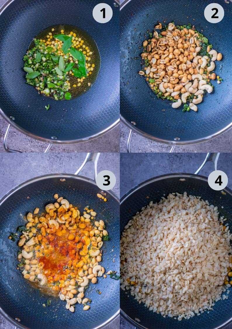 4 image collage showing how to make vegan rice Krispie chivda.