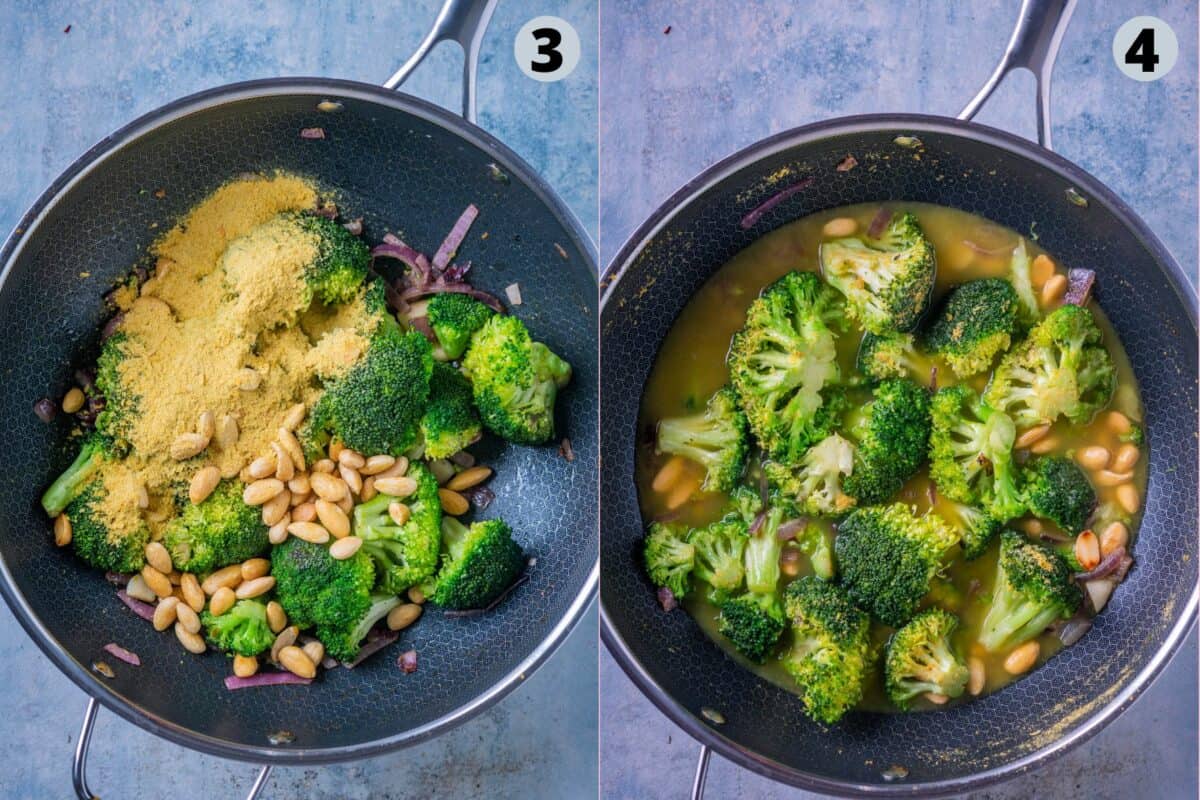 2 image collage showing the steps to make Vegan Broccoli Cheddar Soup on the stovetop.