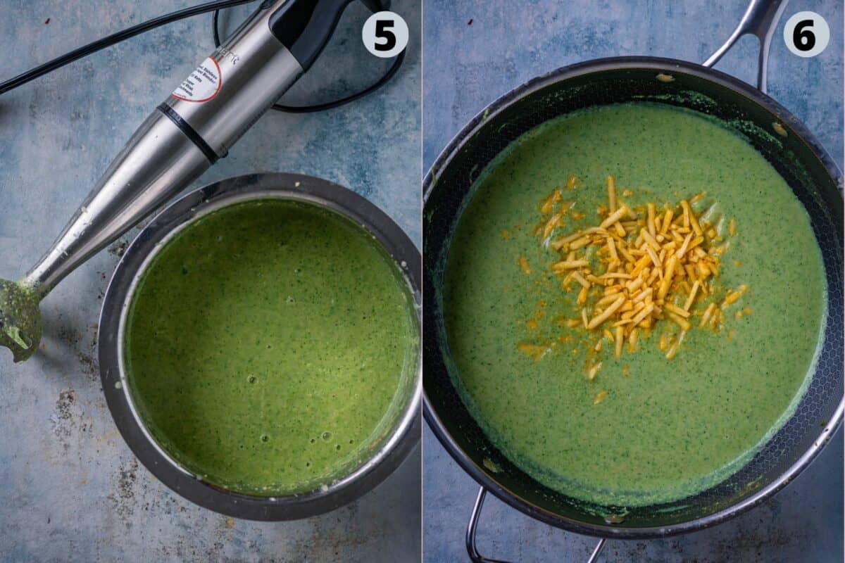 2 image collage explaining how to prepare Vegan Broccoli Cheddar Soup.