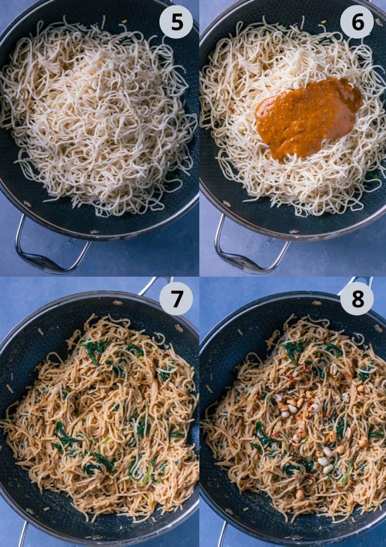 4 image collage showing how to make Vegan Thai Peanut Butter Noodles.
