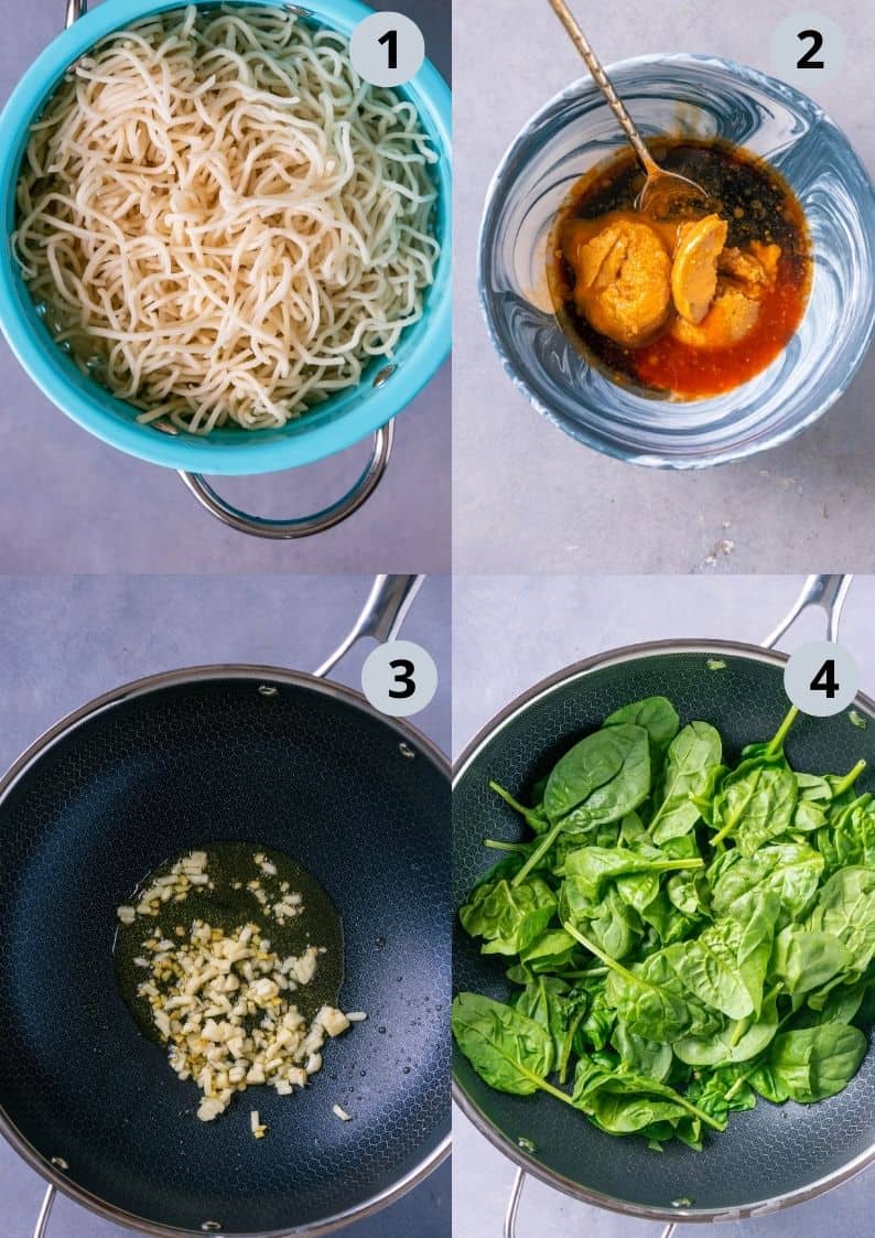4 image collage showing the steps to make Vegan Thai Peanut Butter Noodles.