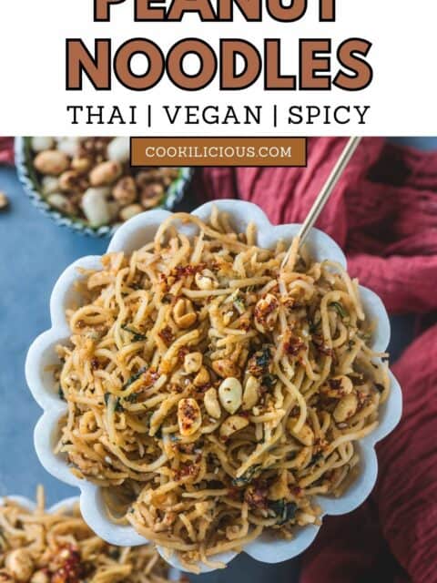 a bowl of Vegan Thai Peanut Butter Noodles and text at the top.