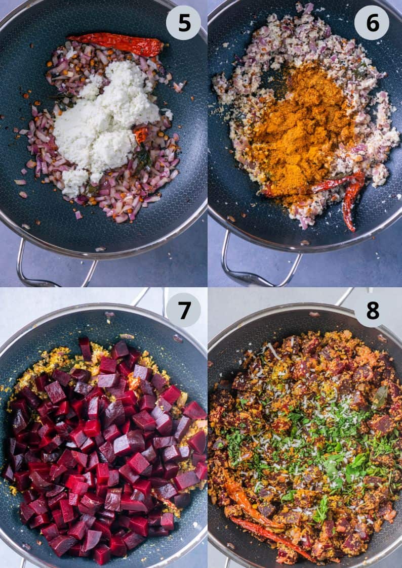 4 image collage showing the steps to make Poriyal with Beets.