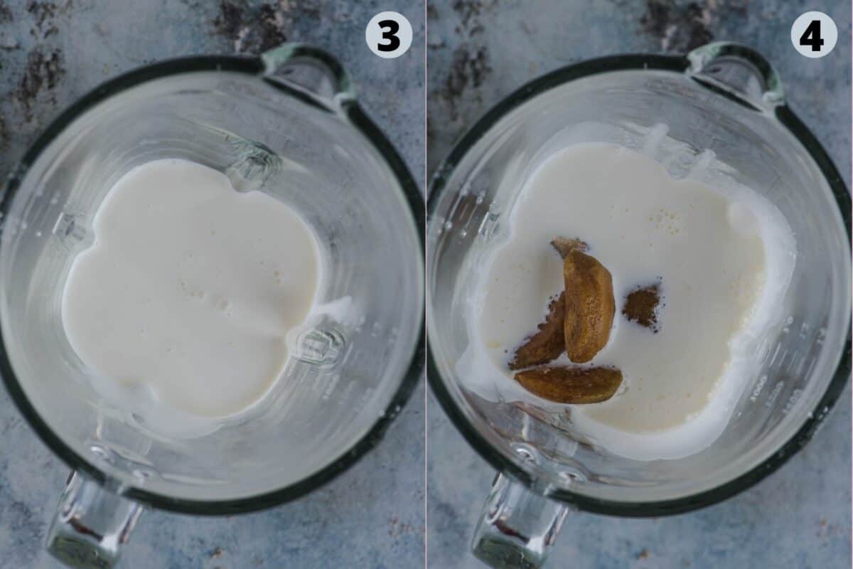 2 image collage showing how to make chikoo milkshake at home.