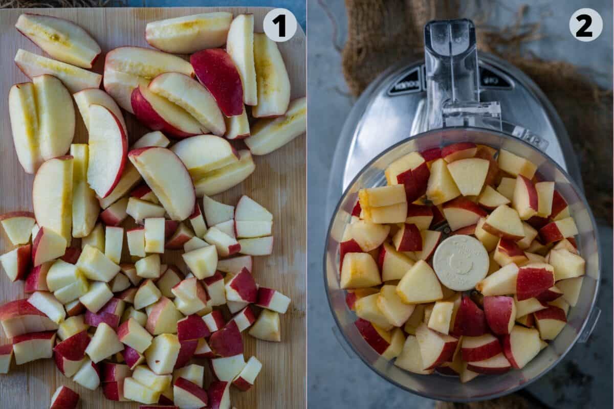 2 image collage showing how to prep the apples to make plant-based honey at home.