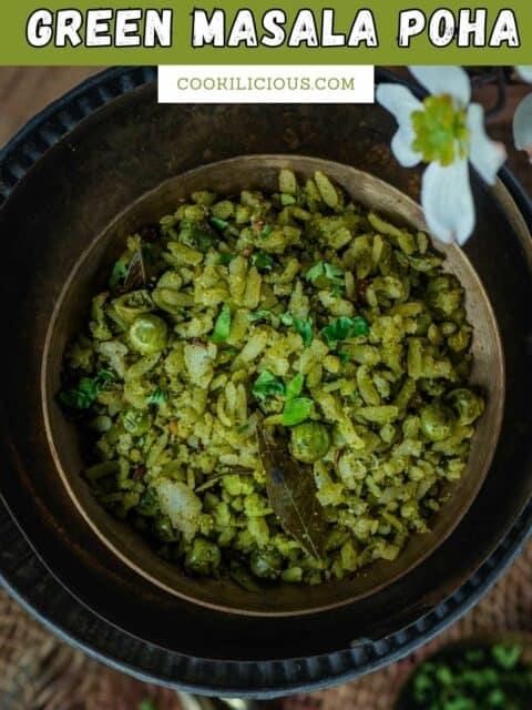A bowl of Coriander Poha with text at the top.