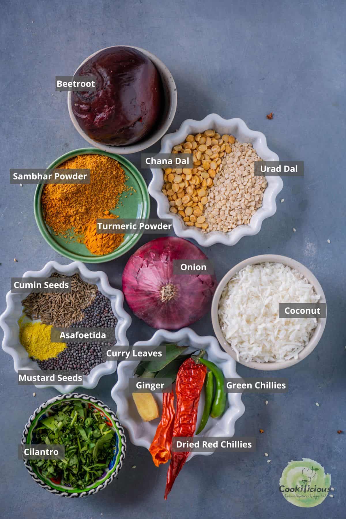 All the ingredients needed to make South Indian Beetroot Poriyal placed on a table with labels on them.