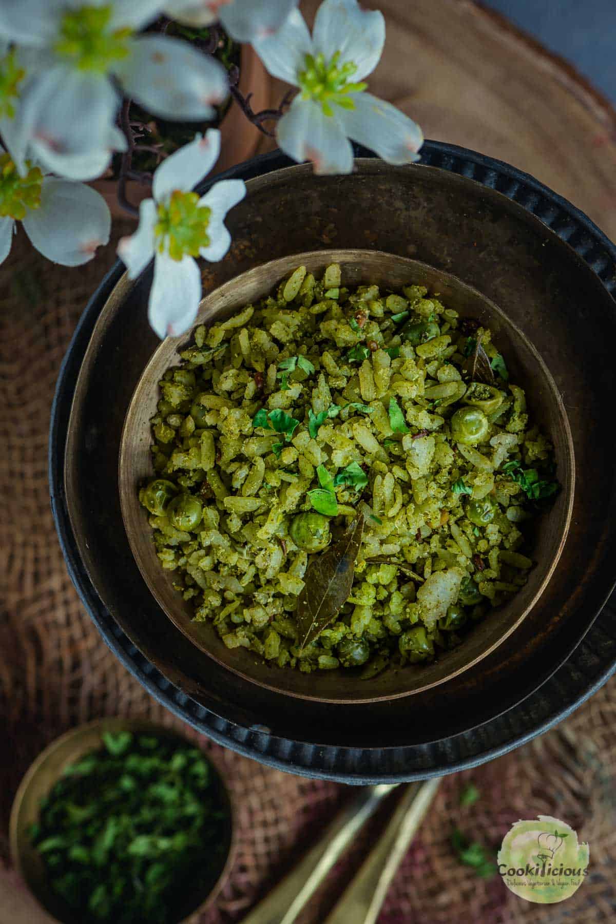 A bowl of Green Masala Poha.