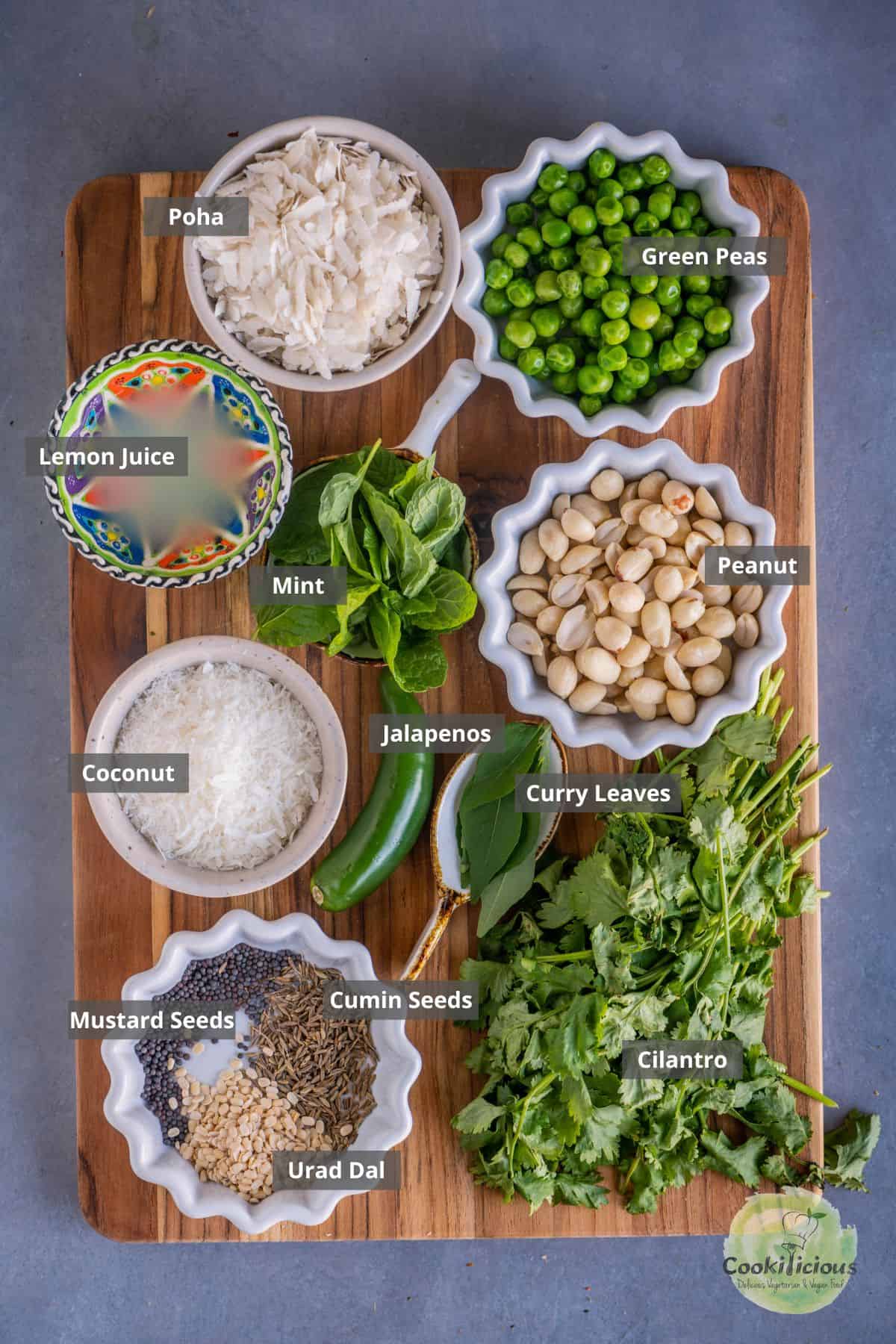 All the ingredients needed to make Hariyali Poha placed on a table with labels on them.