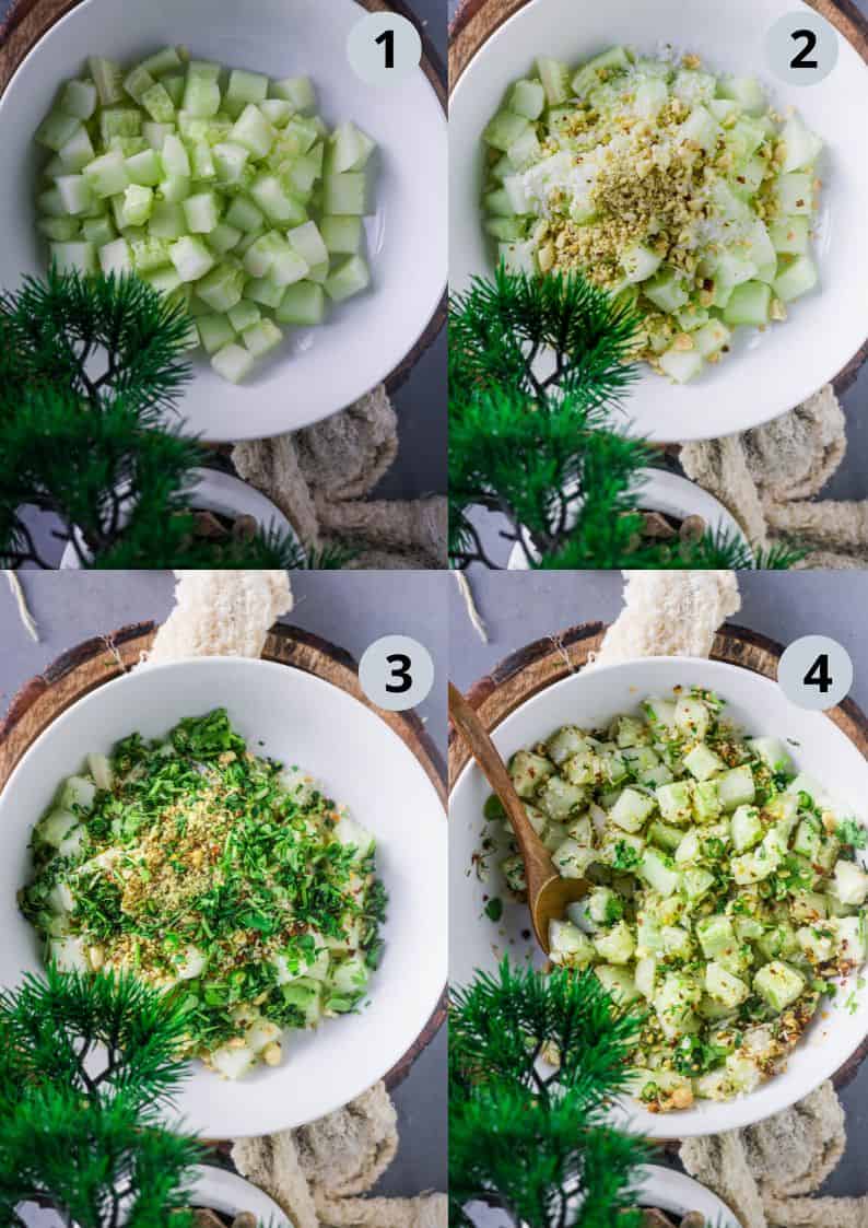 4 image collage showing the steps to make Japanese Spicy Cucumber Salad.