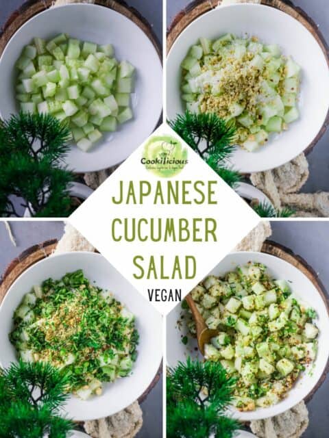 4 image collage of Japanese Cucumber Salad with text in the middle.