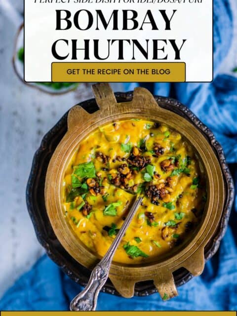 Bombay chutney served in a bowl with tadka on top and text at the top and bottom.