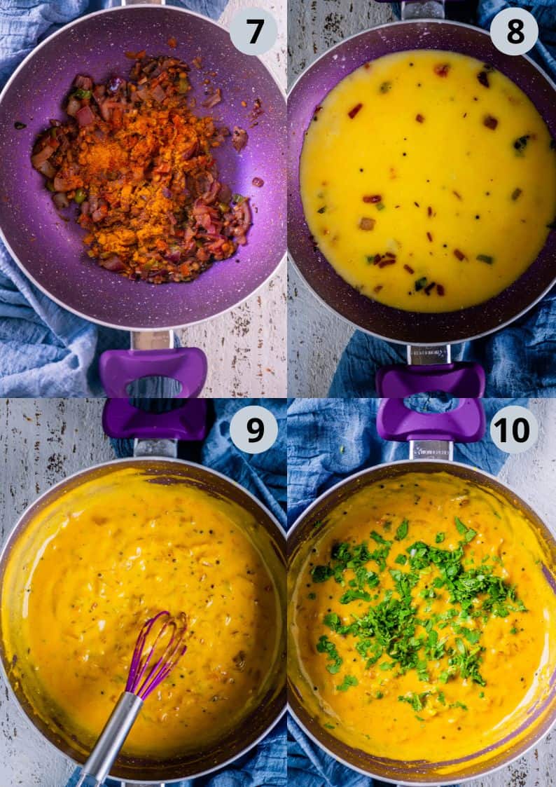4 image collage showing the process to make Indian yellow chutney.