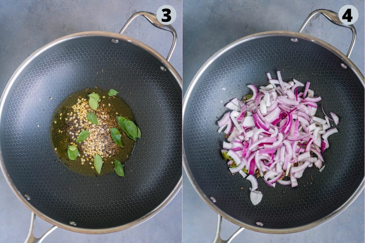 2 image collage showing the steps to make green peas masala.