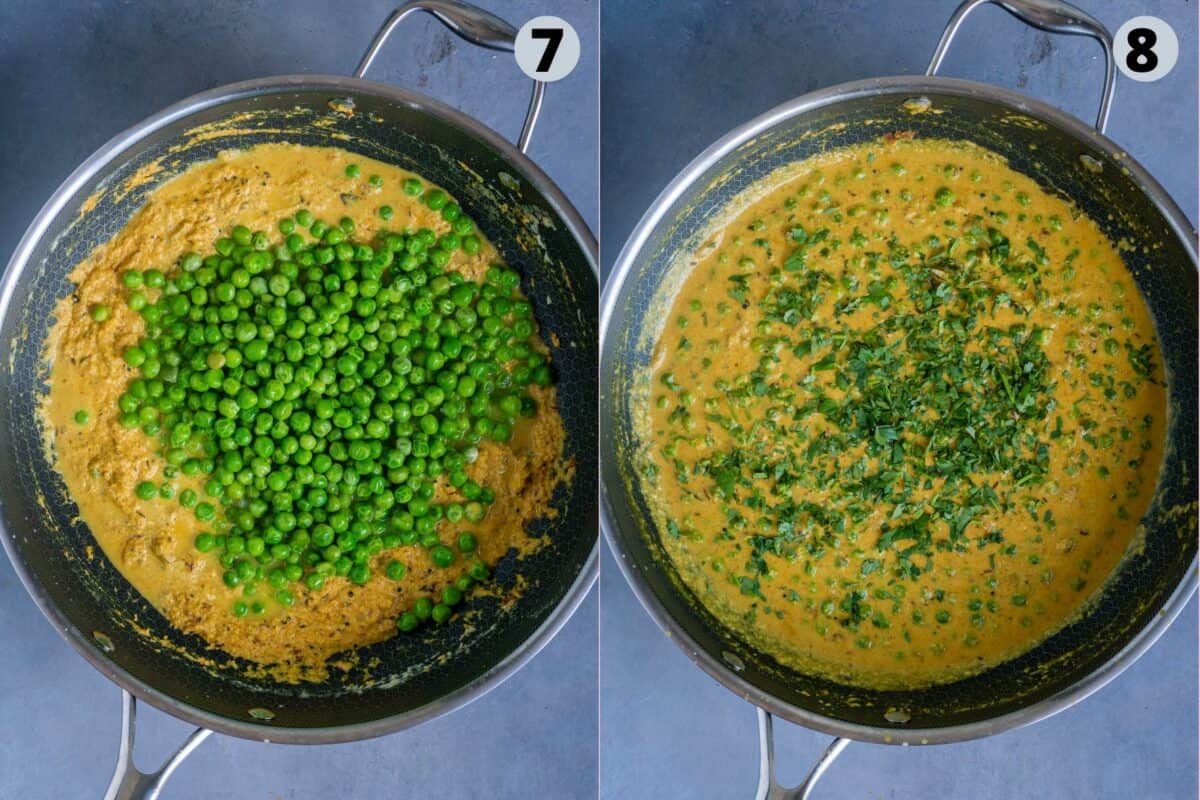 2 image collage showing the steps to make vegan Kerala-Style Green Peas Curry.
