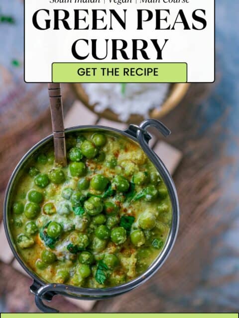 Kerala-Style Green Peas Curry served in a bowl with rice on the side and text at the top and bottom.