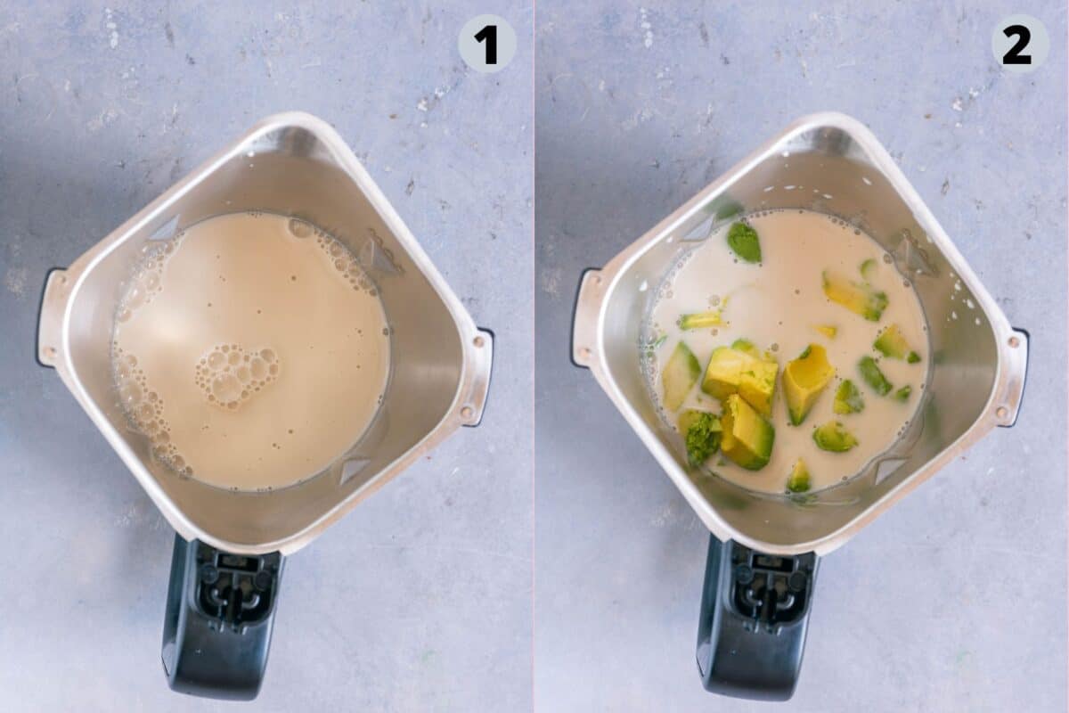 2 image collage showing the process of making dairy-free breakfast smoothie with avocados and mangoes.