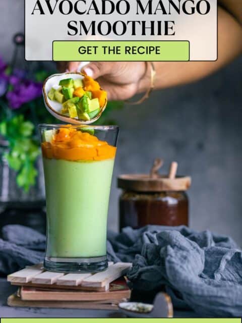 A hand adding toppings to Avocado Mango smoothie and text at the top and bottom.