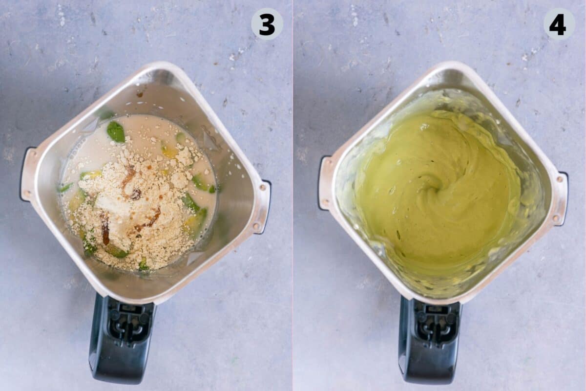 2 image collage showing the steps to make vegan avocado fruit smoothie.