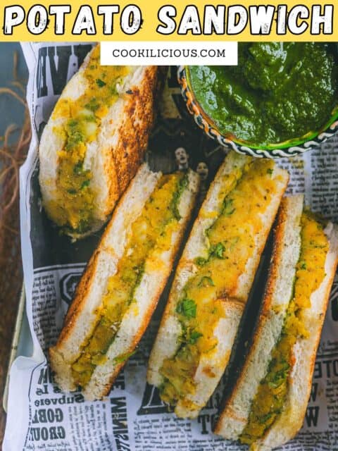 easy potato stuffed sandwich served in a rectangle tray and text at the top.