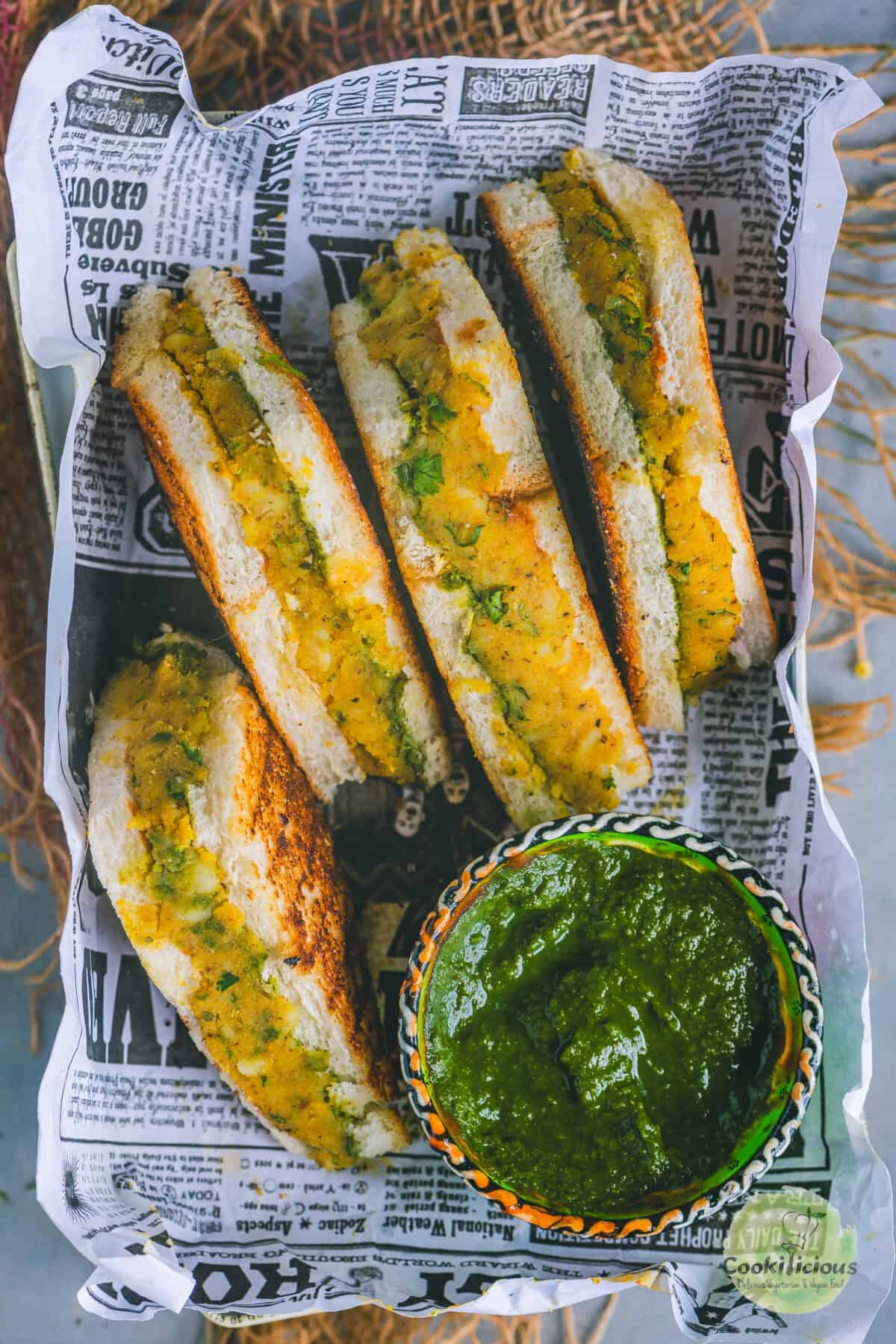 easy potato stuffed sandwich served in a rectangle tray.