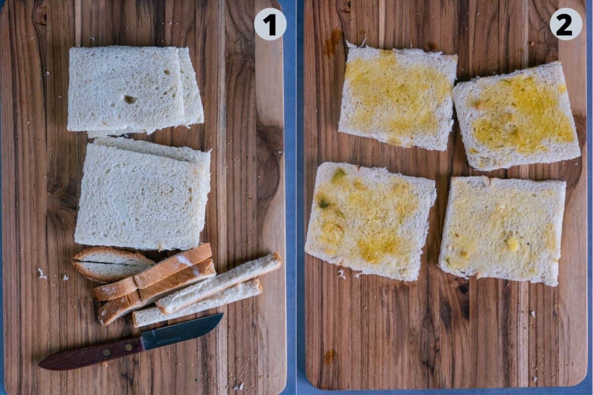 2 image collage showing the steps to make Aloo toast sandwich.