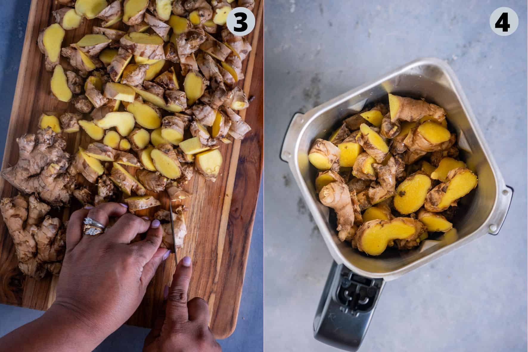 2 image collage showing how to cut ginger to make it into a pureed form.