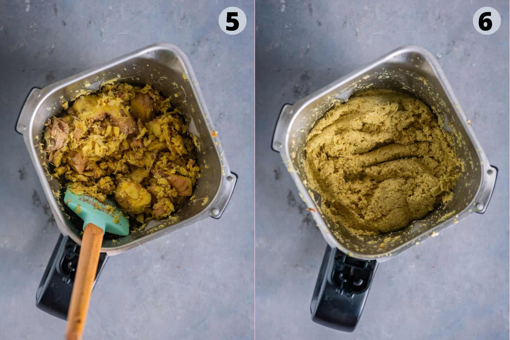 2 image collage showing how to grind ginger in a blender to make a paste.