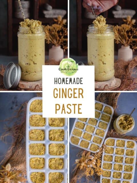 4 image collage showing homemade ginger paste with text in the center.