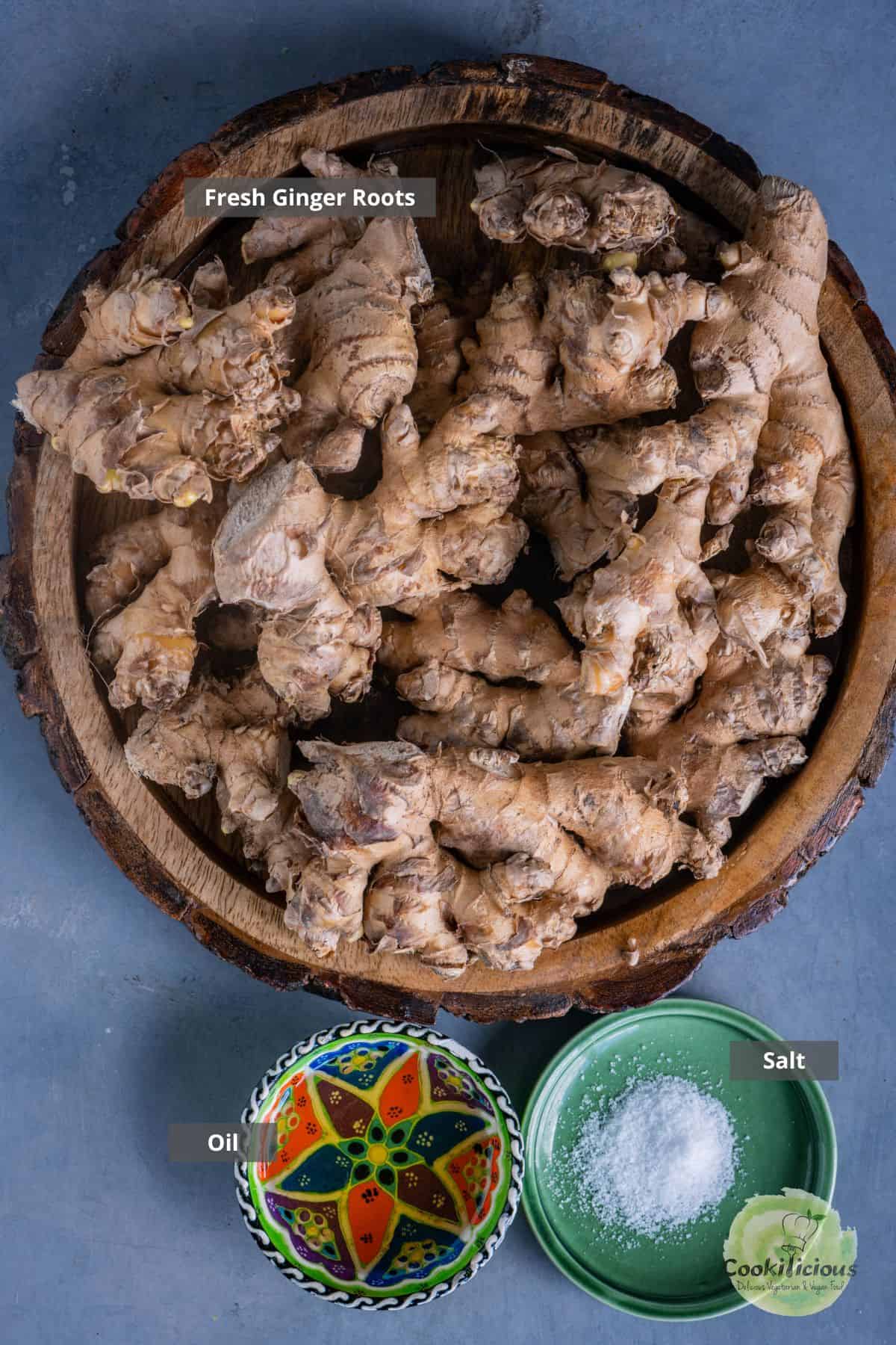 all the ingredients needed to make ginger paste at home placed on a table with labels on them.