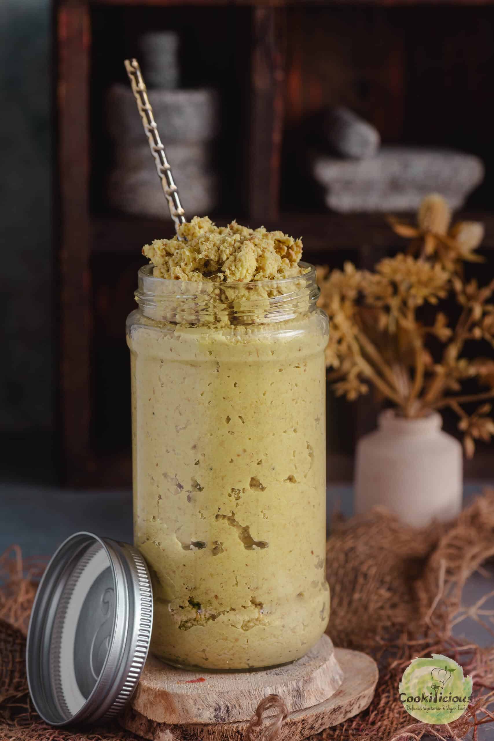 ginger paste stored in a glass jar.