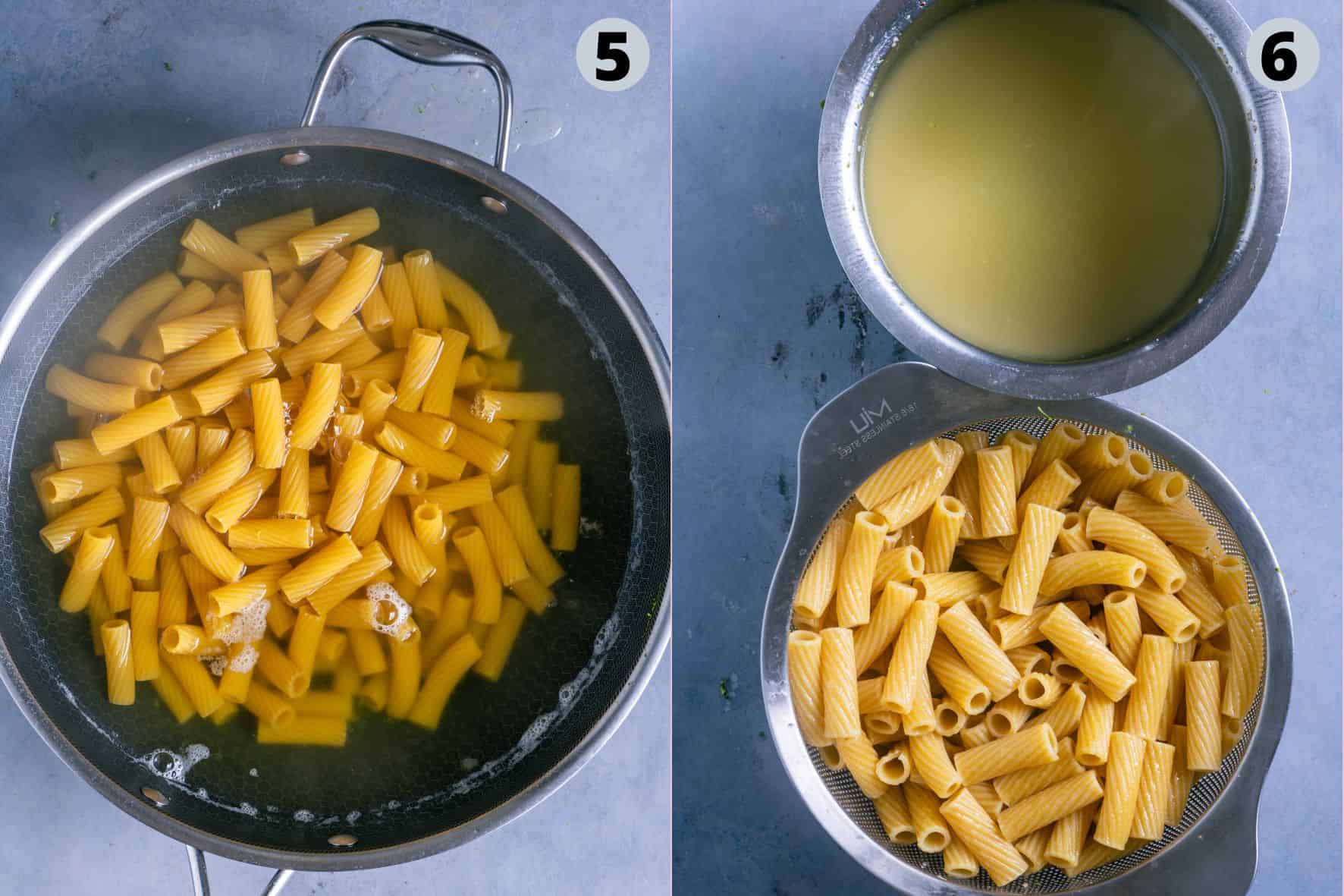 2 image collage showing how to cook the broccoli pasta.