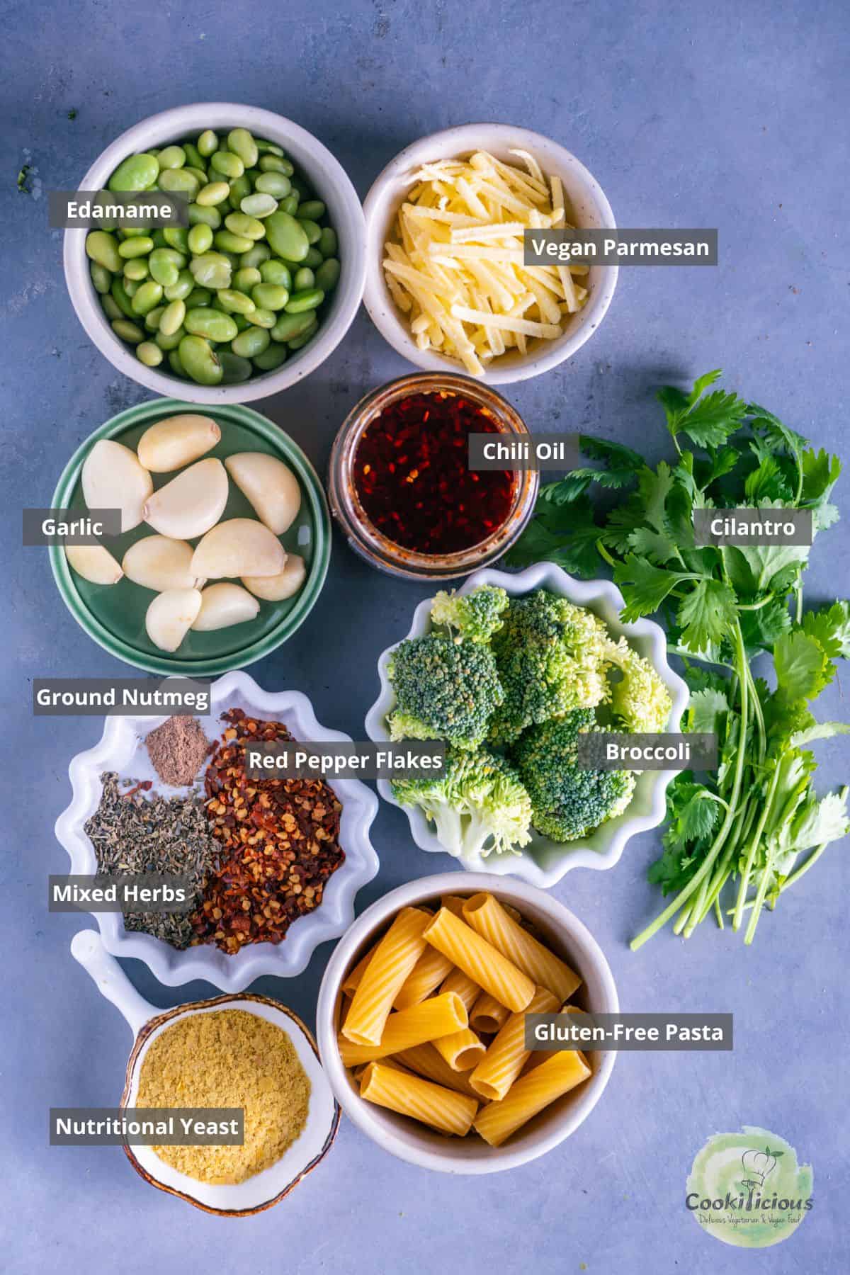 all the ingredients needed to make homemade broccoli pasta placed on a table with labels on them.