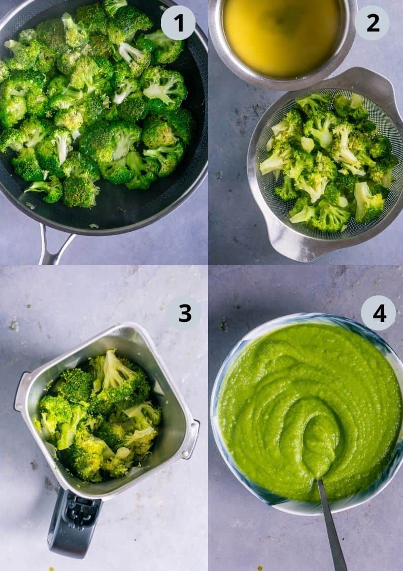 4 image collage showing the steps to make broccoli cream sauce for pasta.