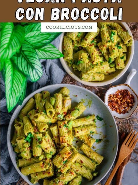 2 bowls of plant-based pasta with broccoli sauce and text at the top.