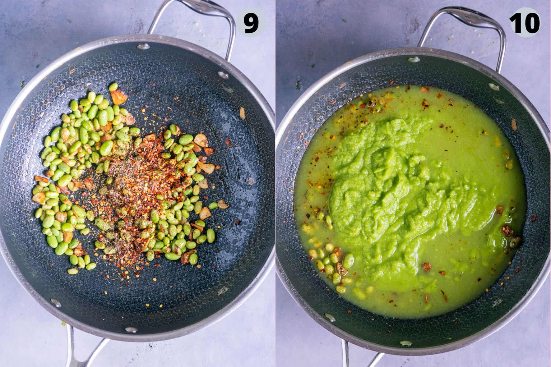 2 image collage showing the steps to make dairy-free broccoli pasta.