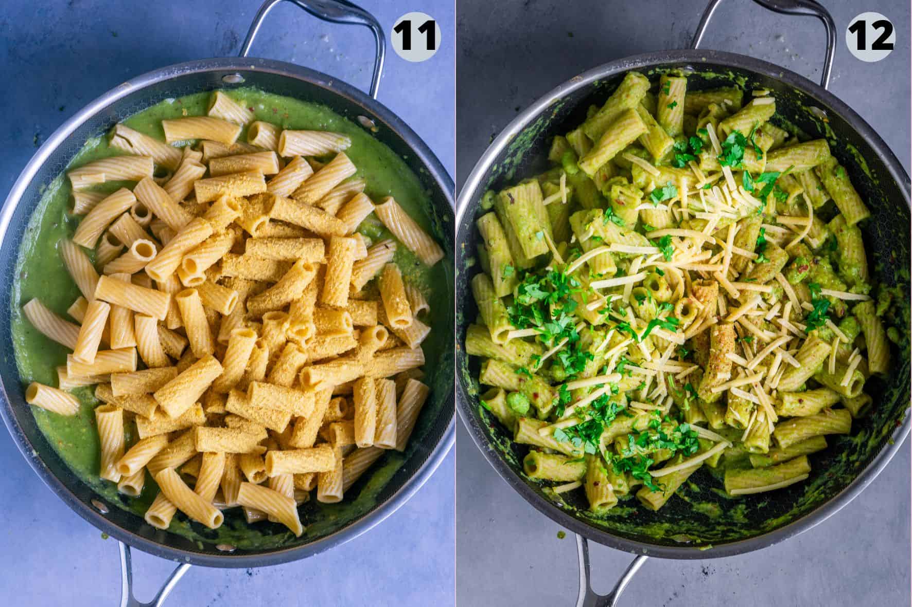 2 image collage showing how to make pasta with creamy broccoli sauce.