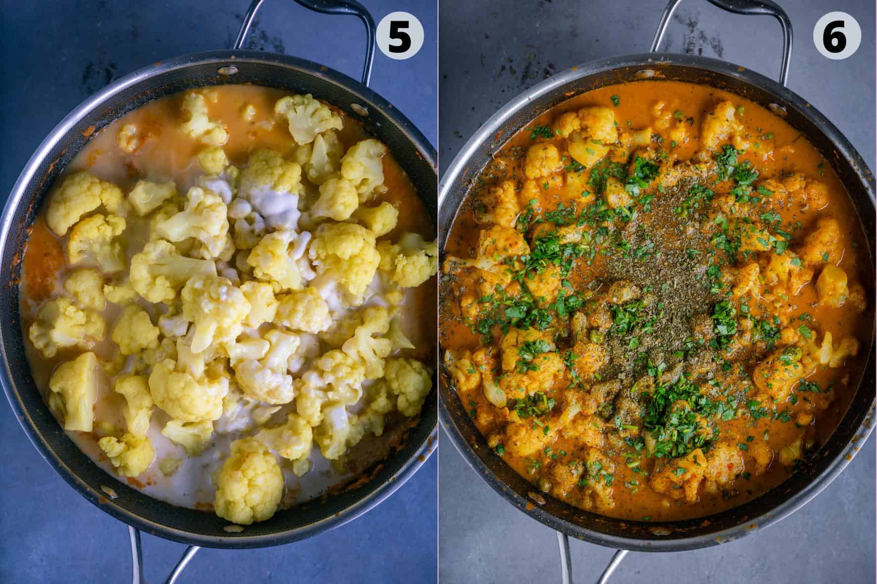 2 image collage showing the steps to make Indian-style vegan Cauliflower Tikka Masala.